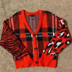 Aqua Plaid & Animal Print contrast V-Neck Cardigan